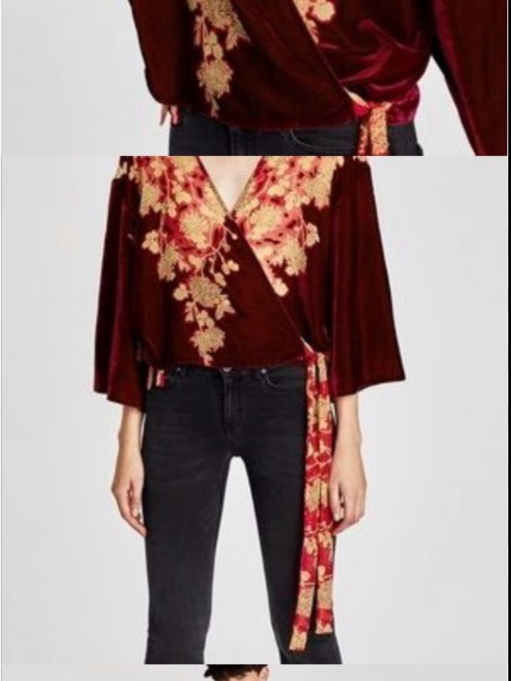 Zara Floral Velvet Tie-Front Wrap Top